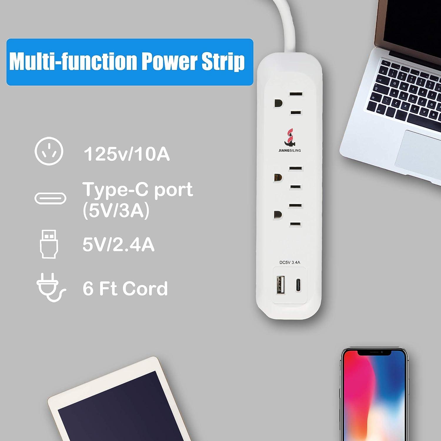 Set of 2 Power Strip 3 Outlet 1 USB Port 1 Type-C Port with Surge Protectorfor Office Home Travel