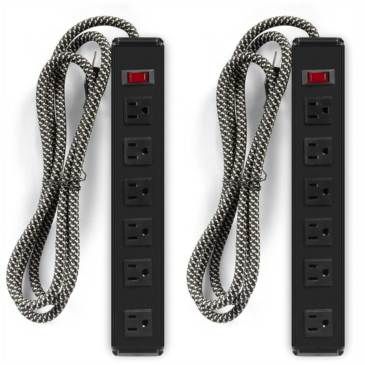 Set of 2 Surge Protector Power Strip with 6 Outlets 6 ft Extension Cord Wall Mount, Black