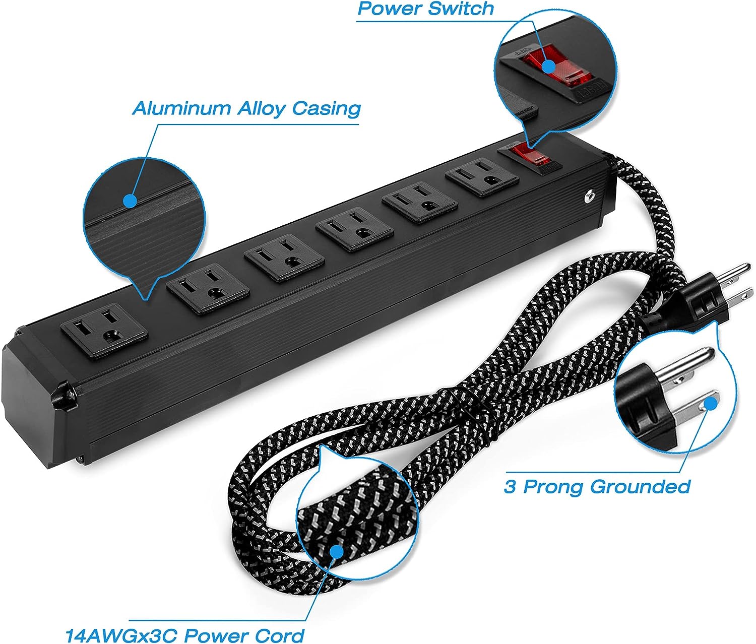 Set of 2 Surge Protector Power Strip with 6 Outlets 6 ft Extension Cord Wall Mount, Black