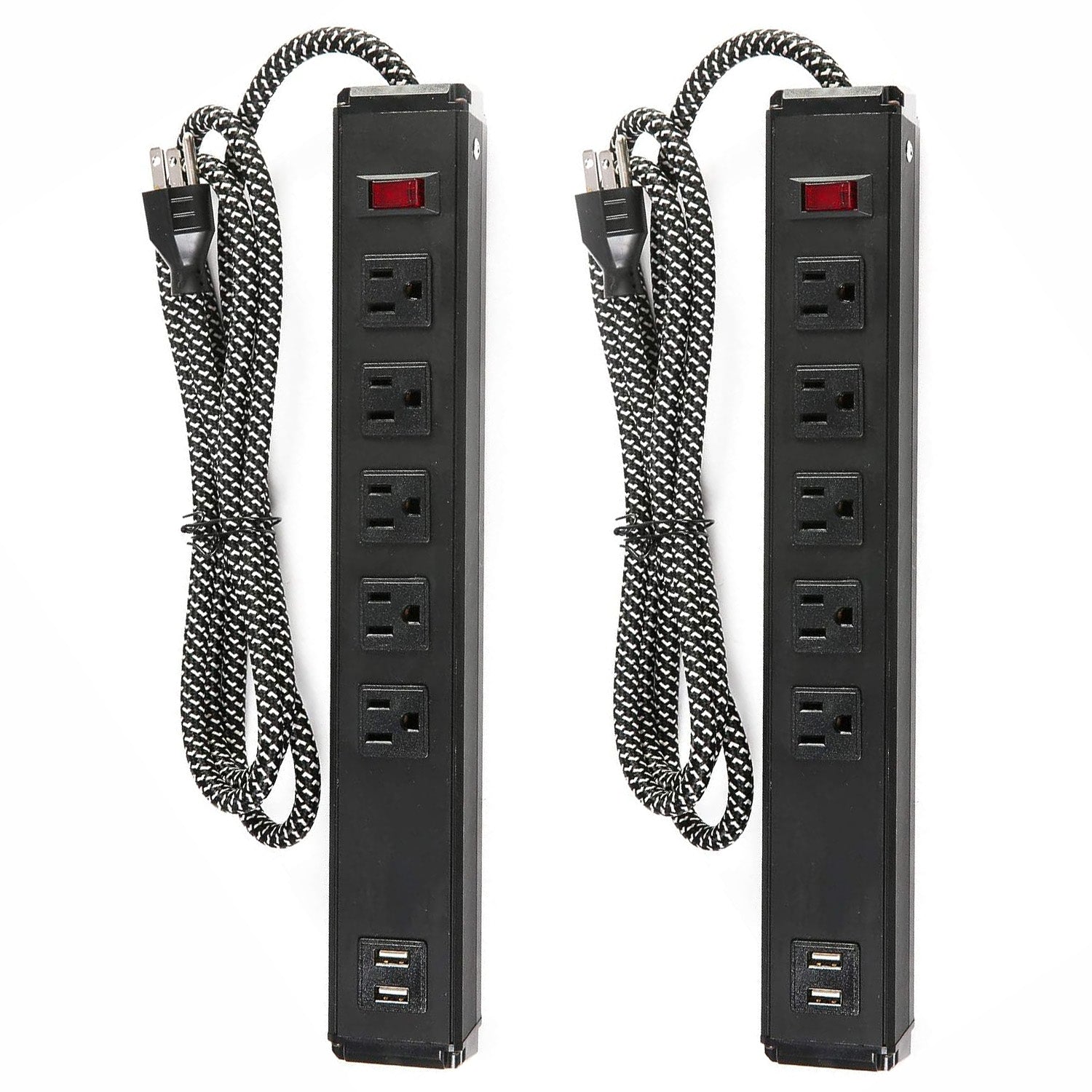 Set of 2 Power Strip 5 Outlets 2 USB Ports with Surge Protector Wall Mount, Black