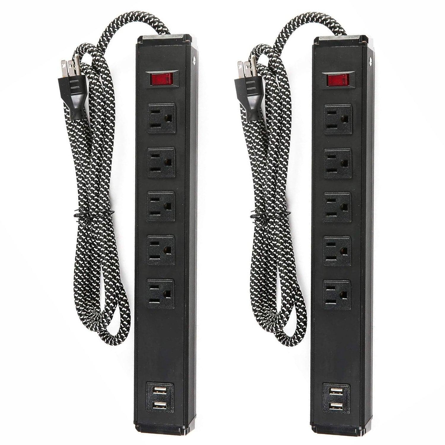 Set of 2 Power Strip 5 Outlets 2 USB Ports with Surge Protector Wall Mount, Black - Luckyermore