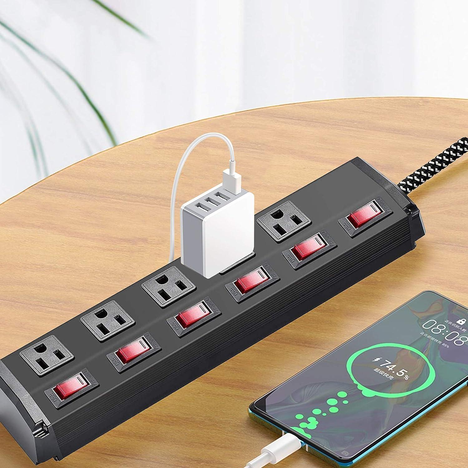 Set of 2 Power Strip 5 Outlets 6 Switches with Surge Protector Wall Mount, Black - Luckyermore