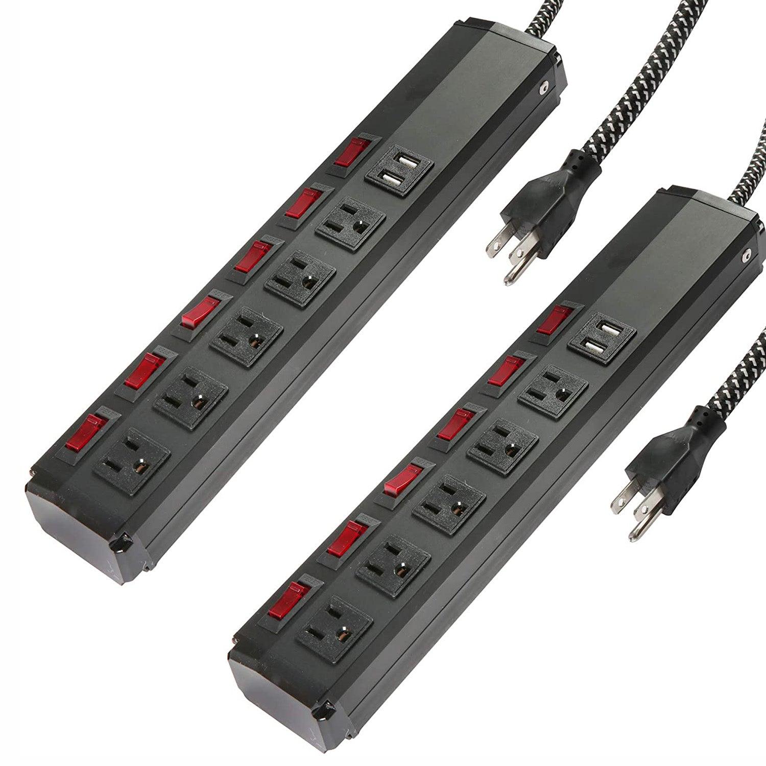 Set of 2 Power Strip 5 Outlets 2 USB Ports 6 Switches with Surge Protector Wall Mount, Black - Luckyermore