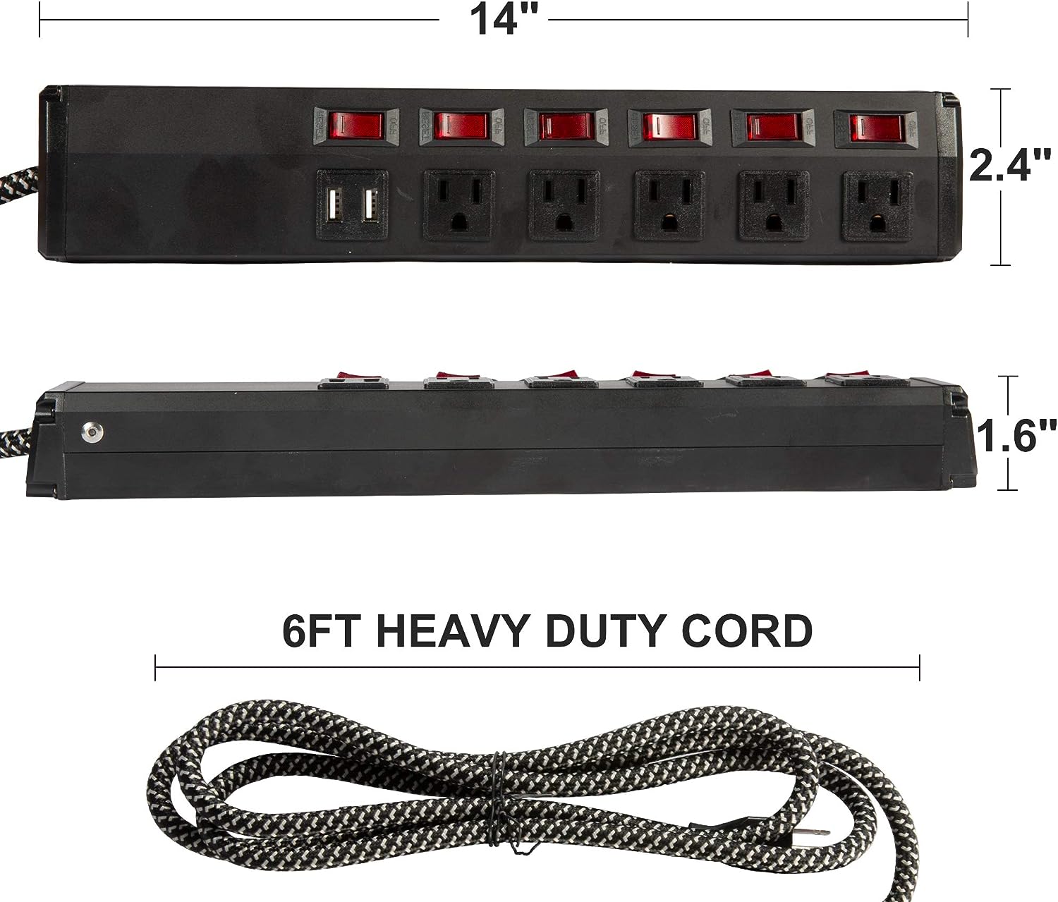 Set of 2 Power Strip 5 Outlets 2 USB Ports 6 Switches with Surge Protector Wall Mount, Black