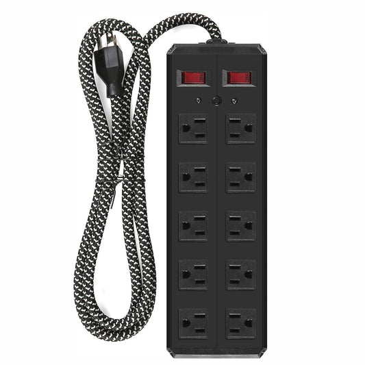 Power Strip 10 Outlets 2 Switches with Surge Protector 6-Foot Cord Wall Mount, Black