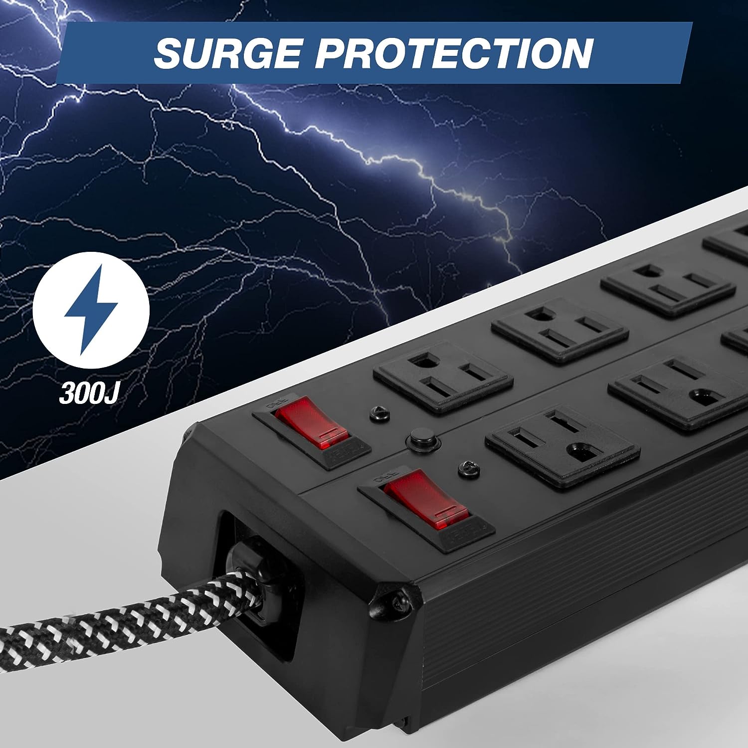 Power Strip 10 Outlets 2 Switches with Surge Protector 6-Foot Cord Wall Mount, Black