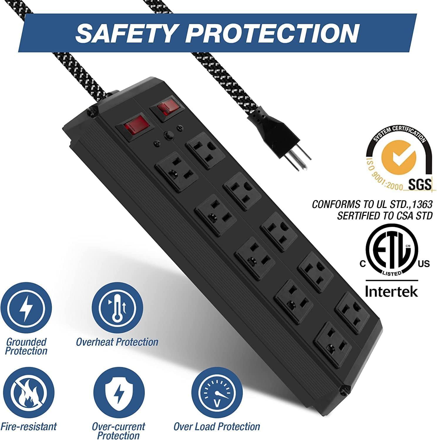 Power Strip 10 Outlets 2 Switches with Surge Protector 6-Foot Cord Wall Mount, Black - Luckyermore
