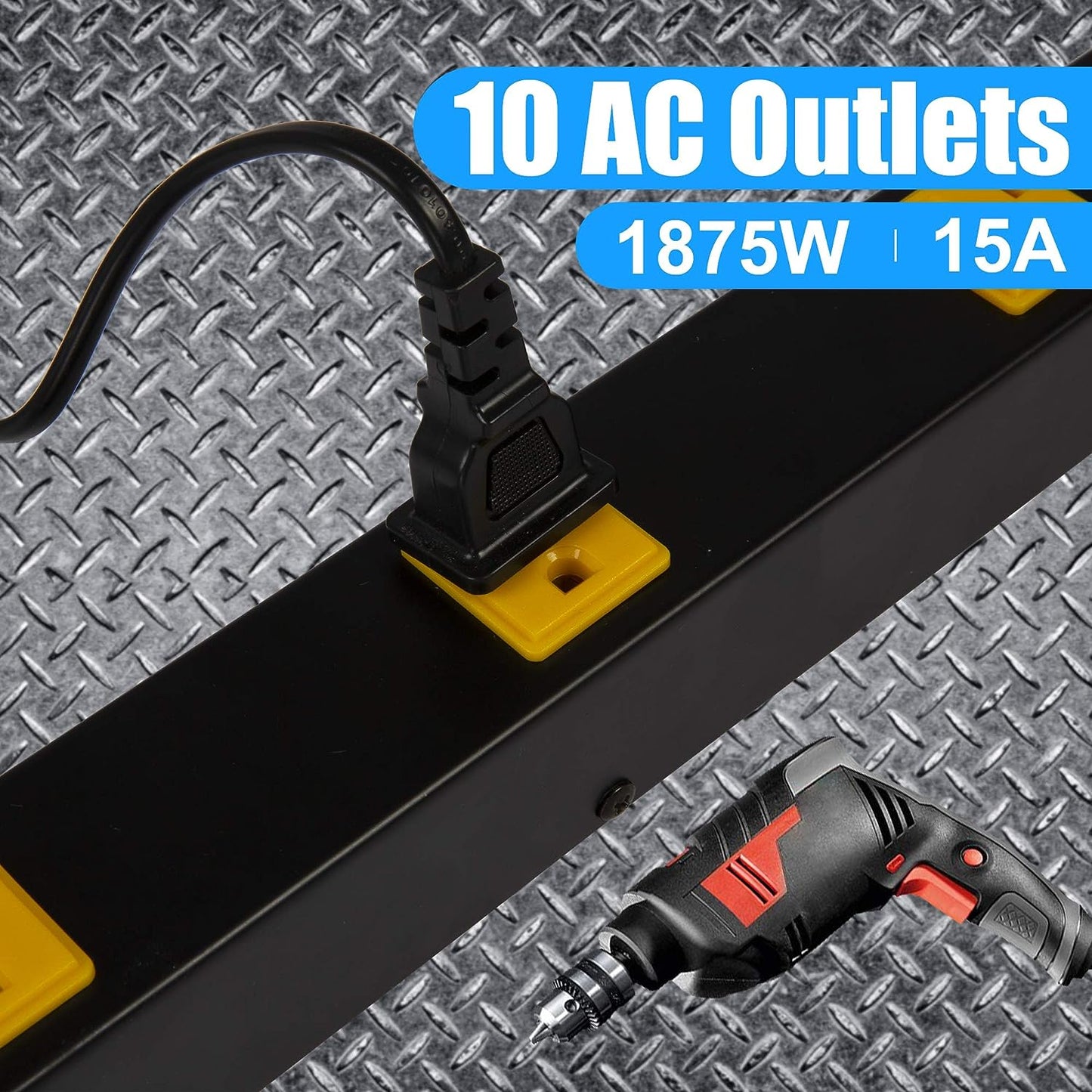 10 Outlets Power Strip Long Metal Power Outlet with Surge Protector Wall Mount, Black