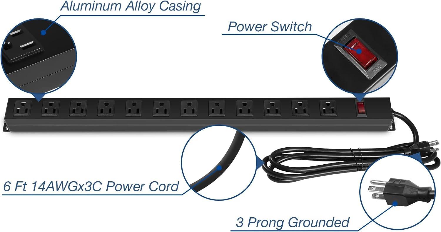 12 Outlets Power Strip Long Metal Power Outlet with 6ft Extension Cord Wall Mount, Black