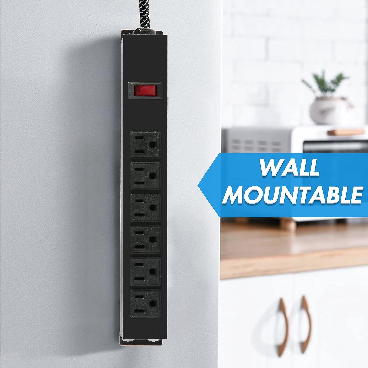 Set of 2 Power Strip with 6 Outlets Surge Protector 6 ft Extension Cord Wall Mount, Black
