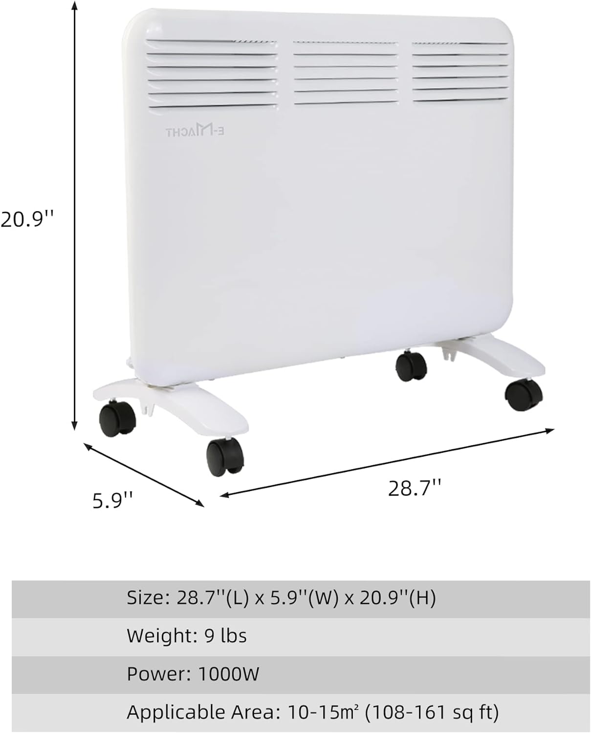 1000W Wall-Mounted Space Heater with Adjustable Thermostat, Portable Convection Freestanding Heater