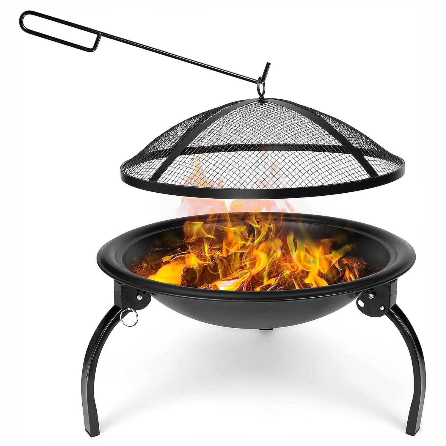 LUCKYERMORE 22” Round Foldable Outdoor Fire Pits Patio Garden Fireplace BBQ Grill with Spark Mesh Cover