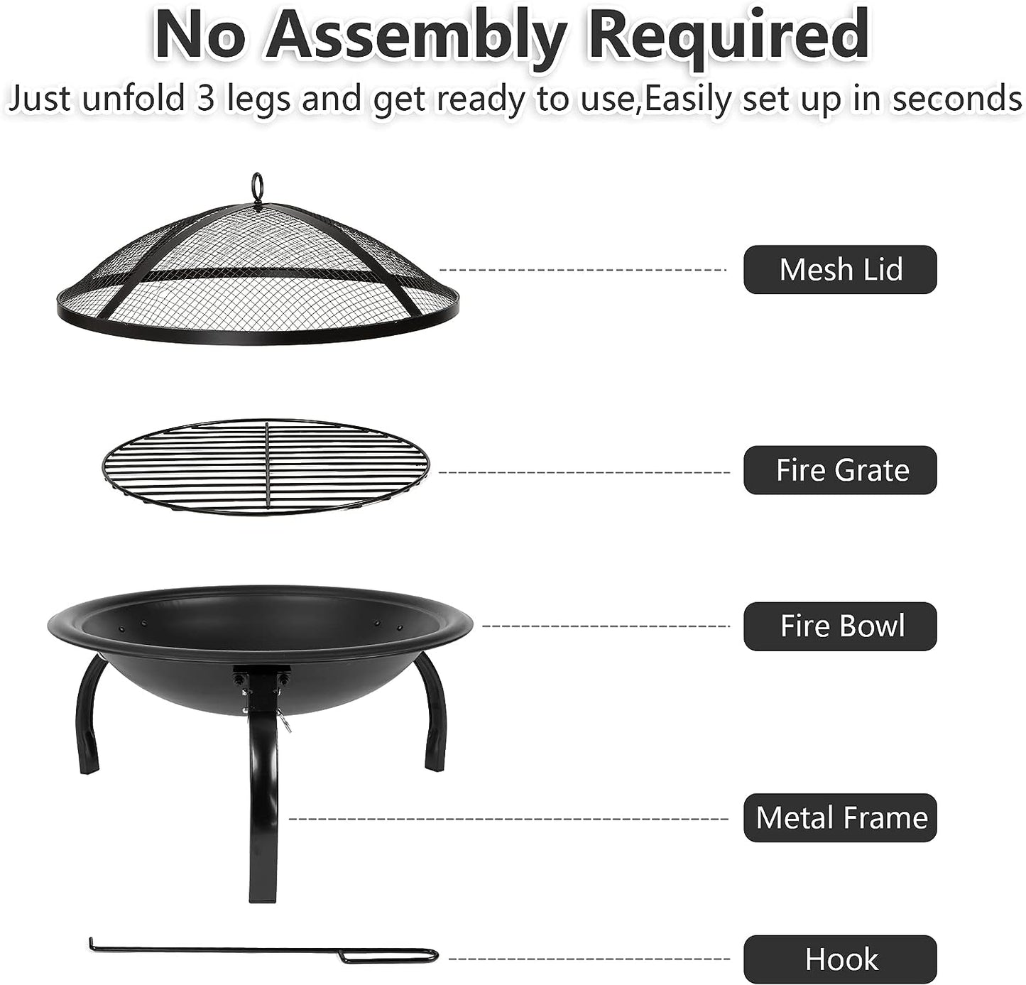 LUCKYERMORE 22” Round Foldable Outdoor Fire Pits Patio Garden Fireplace BBQ Grill with Spark Mesh Cover