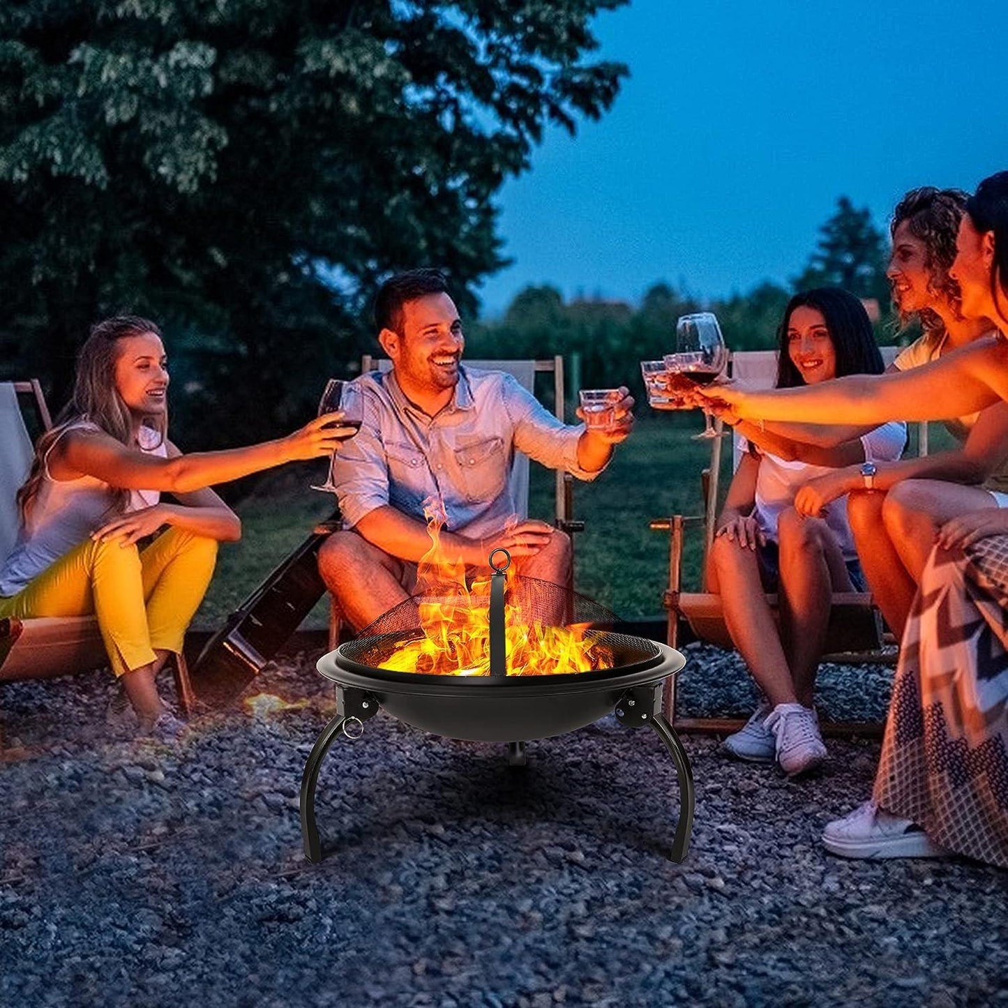 LUCKYERMORE 22” Round Foldable Outdoor Fire Pits Patio Garden Fireplace BBQ Grill with Spark Mesh Cover