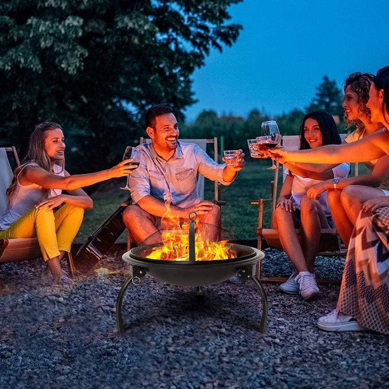 LUCKYERMORE 22” Round Foldable Outdoor Fire Pits Patio Garden Fireplace BBQ Grill with Spark Mesh Cover