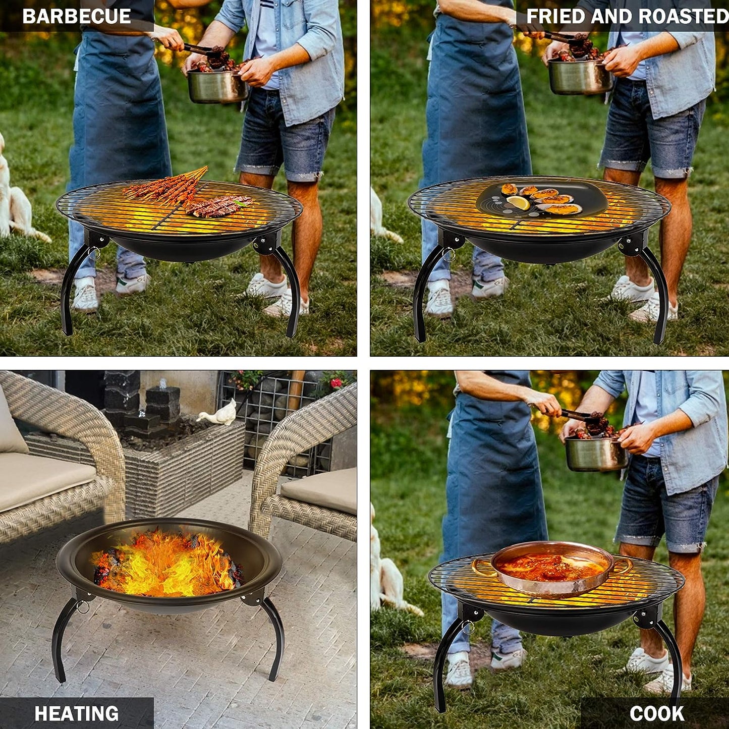 LUCKYERMORE 22” Round Foldable Outdoor Fire Pits Patio Garden Fireplace BBQ Grill with Spark Mesh Cover