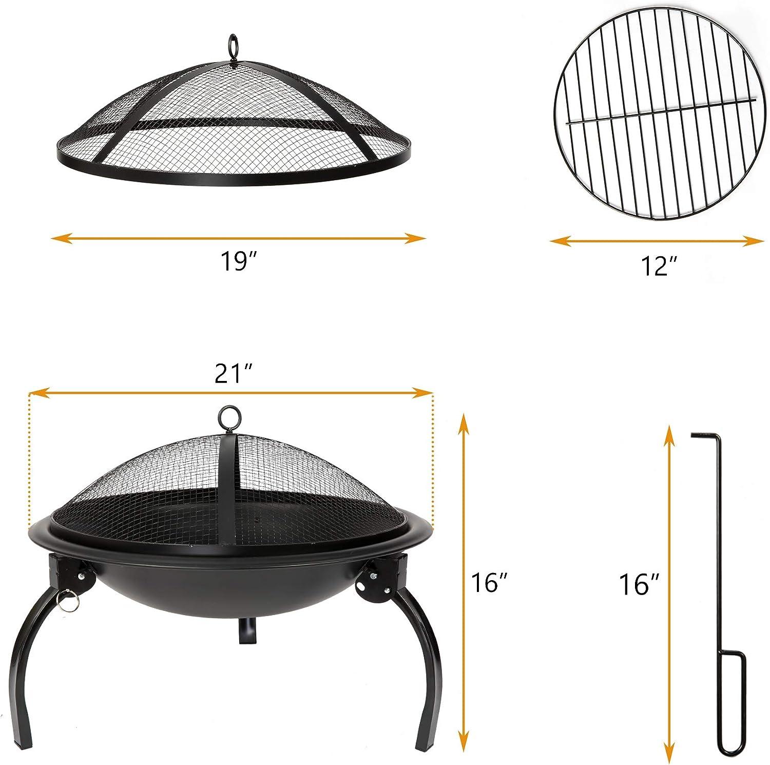 LUCKYERMORE 22” Round Outdoor Fire Pits Patio Garden Fireplace BBQ Grill with Spark Mesh Cover