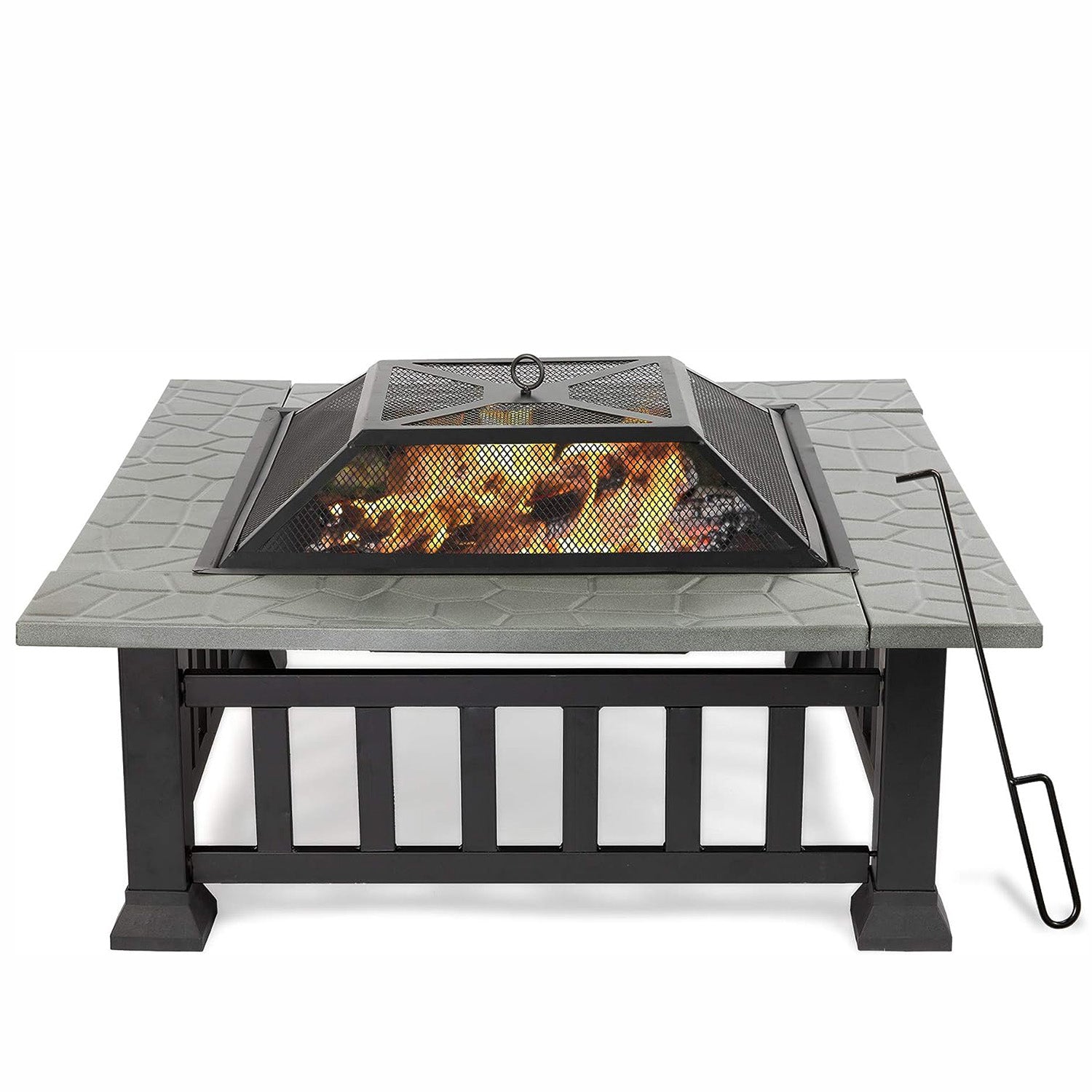 LUCKYERMORE 32” Outdoor Square Fire Pits Patio 4 in 1 Fire Pits for Heating Grilling Cooling Drinks & Food