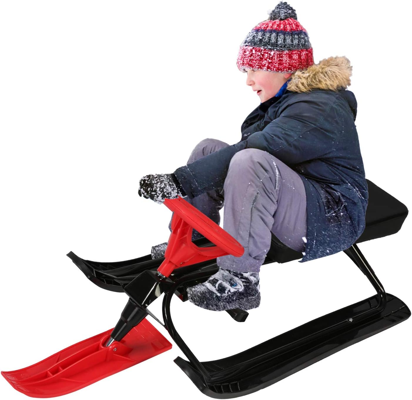 Snow Racer Sled with Steering Wheel and Brakes Kids Teens Ski Sled Slider Board, Red
