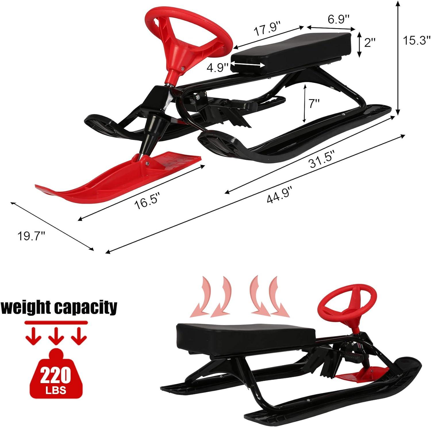 Snow Racer Sled with Steering Wheel and Brakes Kids Teens Ski Sled Slider Board, Red - Luckyermore