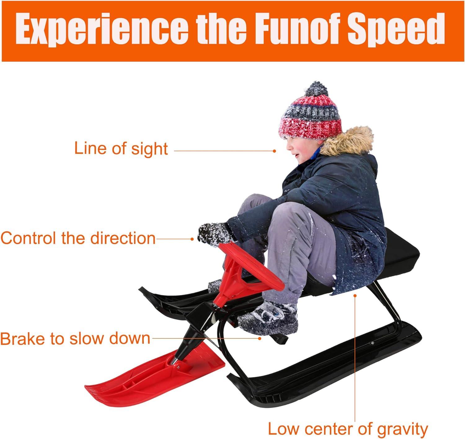 Snow Racer Sled with Steering Wheel and Brakes Kids Teens Ski Sled Slider Board, Red - Luckyermore