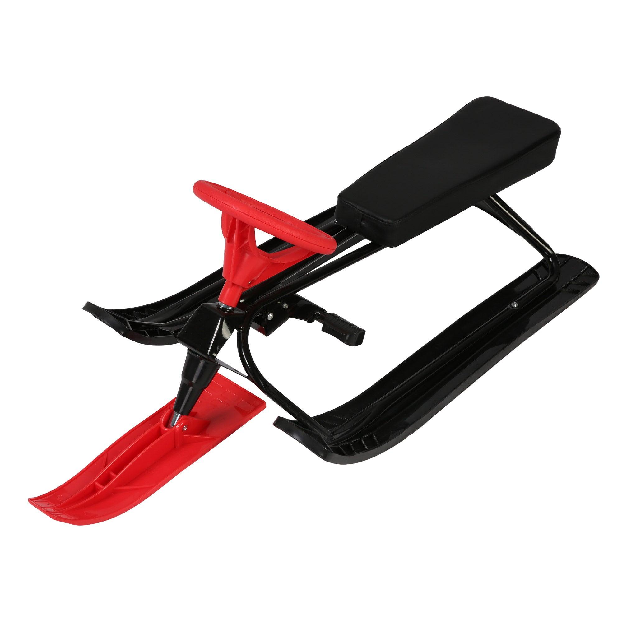 Snow Racer Sled with Steering Wheel and Brakes Kids Teens Ski Sled Slider Board, Red - Luckyermore