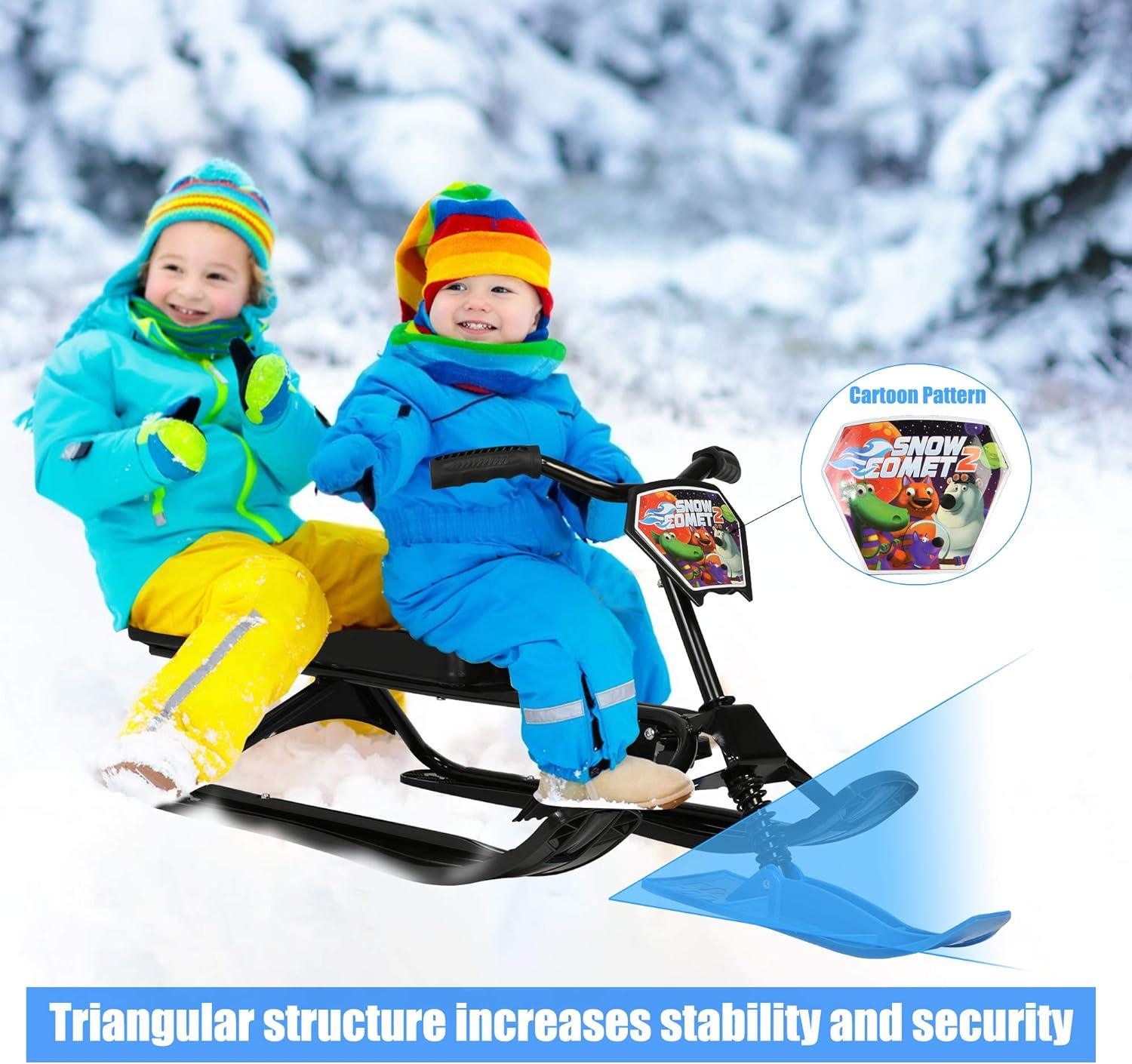 Snow Racer Sled with Steering Wheel and Brakes Kids Teens Ski Sled Slider Board, Blue - Luckyermore
