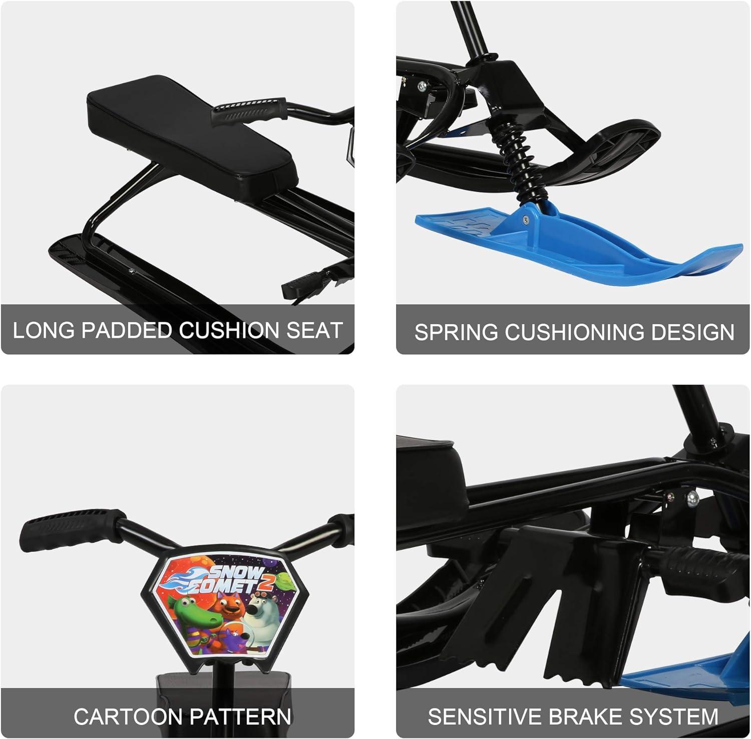 Snow Racer Sled with Steering Wheel and Brakes Kids Teens Ski Sled Slider Board, Blue - Luckyermore