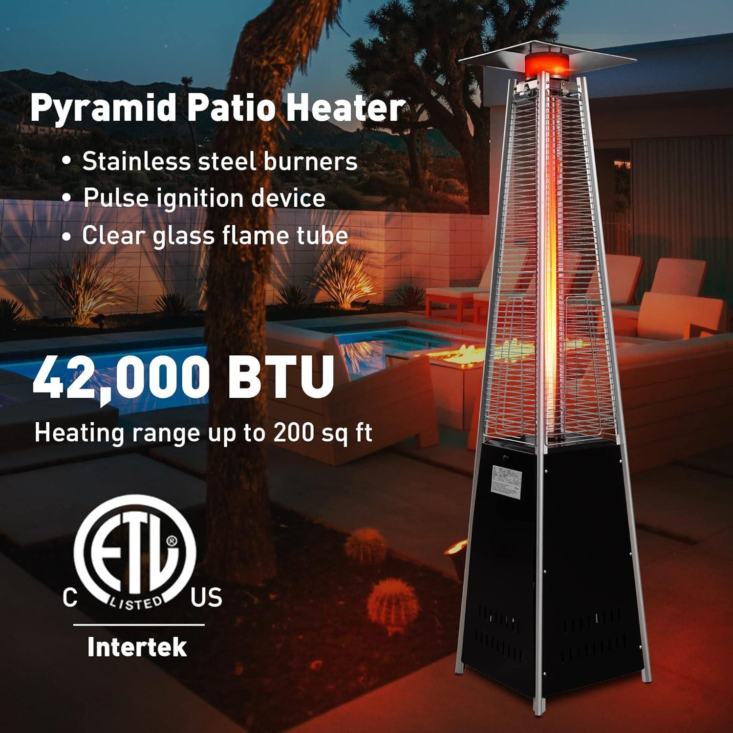 LUCKYERMORE Pyramid Patio Heater Propane Outdoor 42,000 BTU Quartz Glass Tube Flame Heater with Wheels, Black