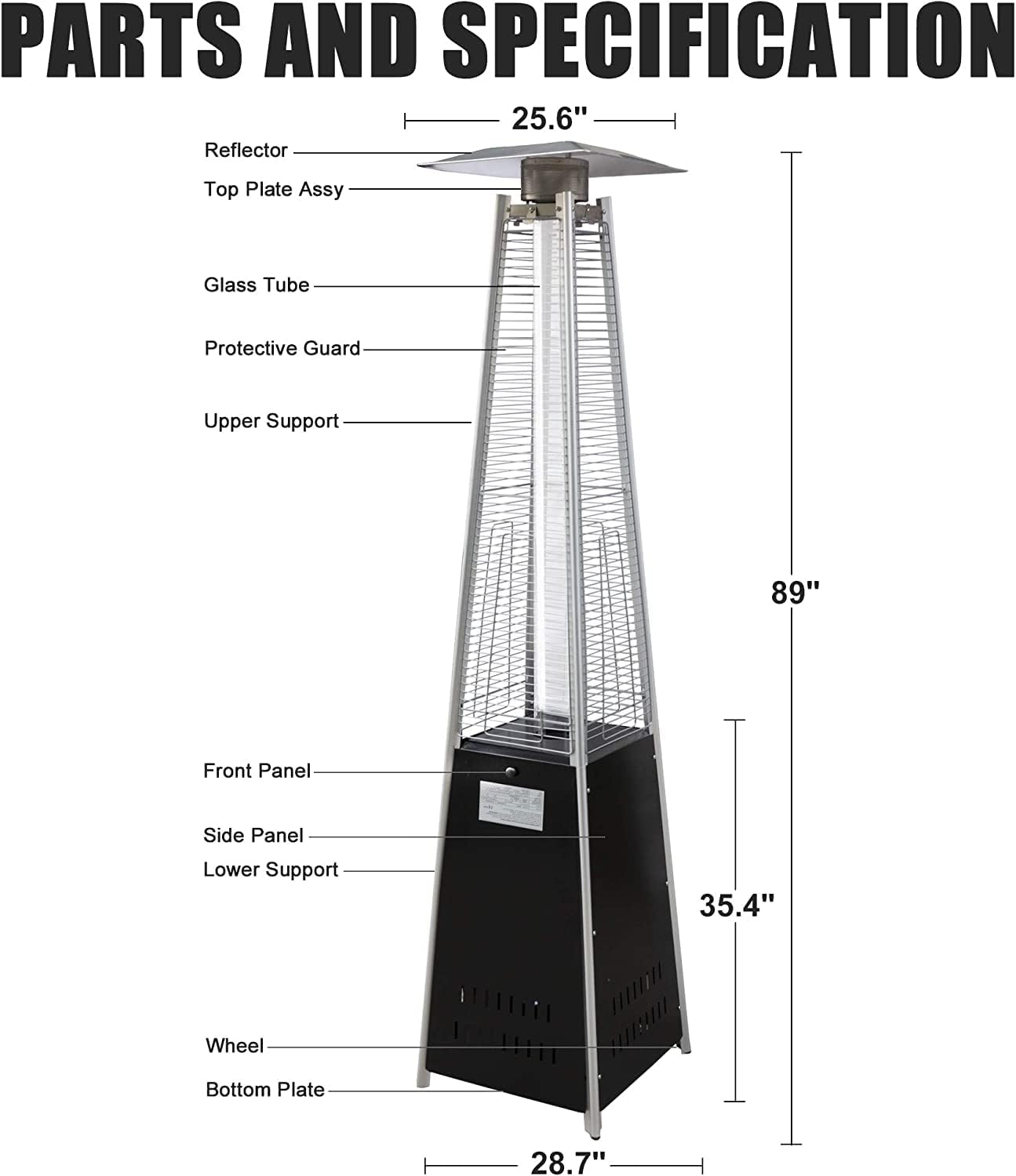 Pyramid Patio Heater Propane Outdoor 42,000 BTU Quartz Glass Tube Flame Heater with Wheels, Black