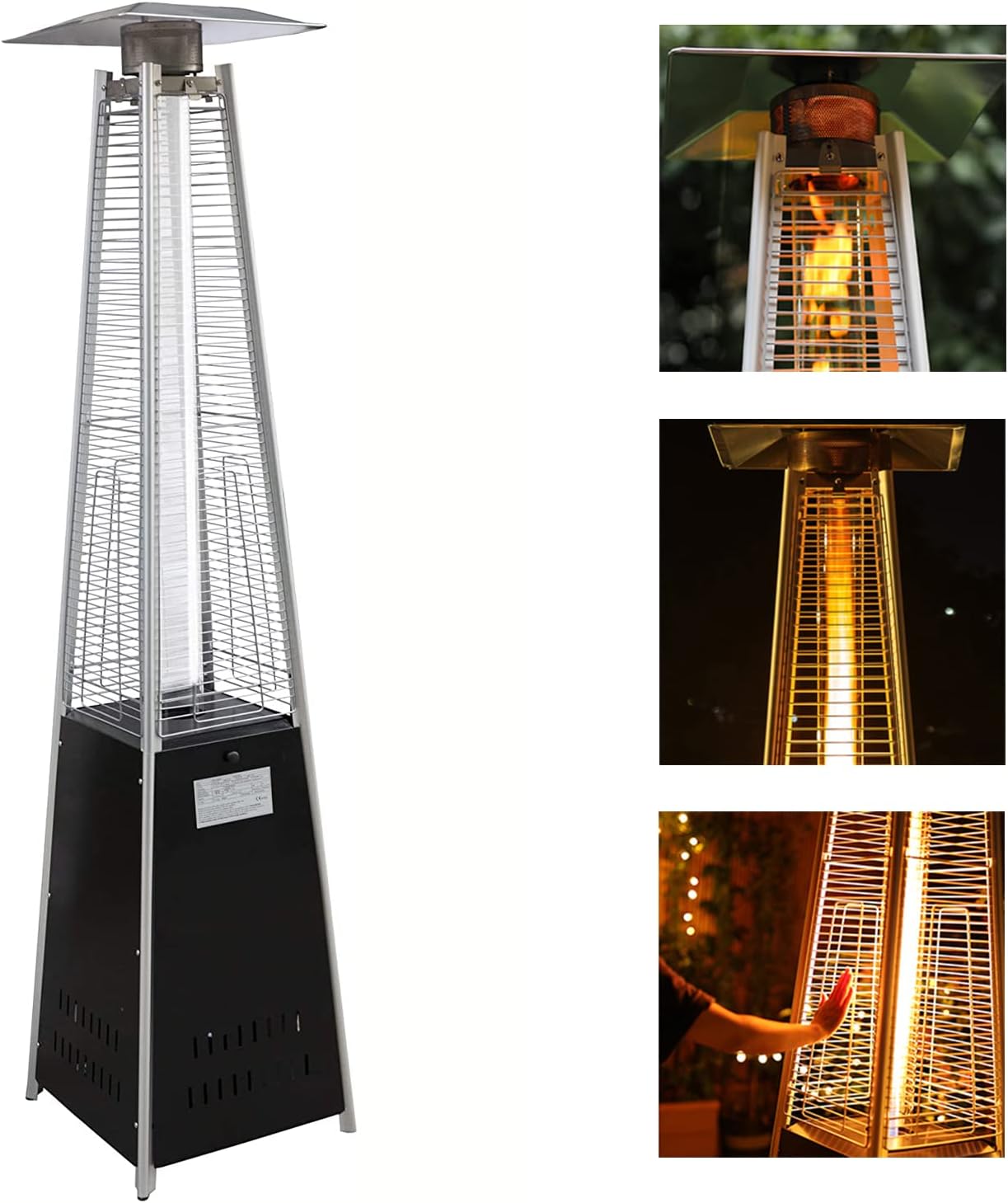 Pyramid Patio Heater Propane Outdoor 42,000 BTU Quartz Glass Tube Flame Heater with Wheels, Black