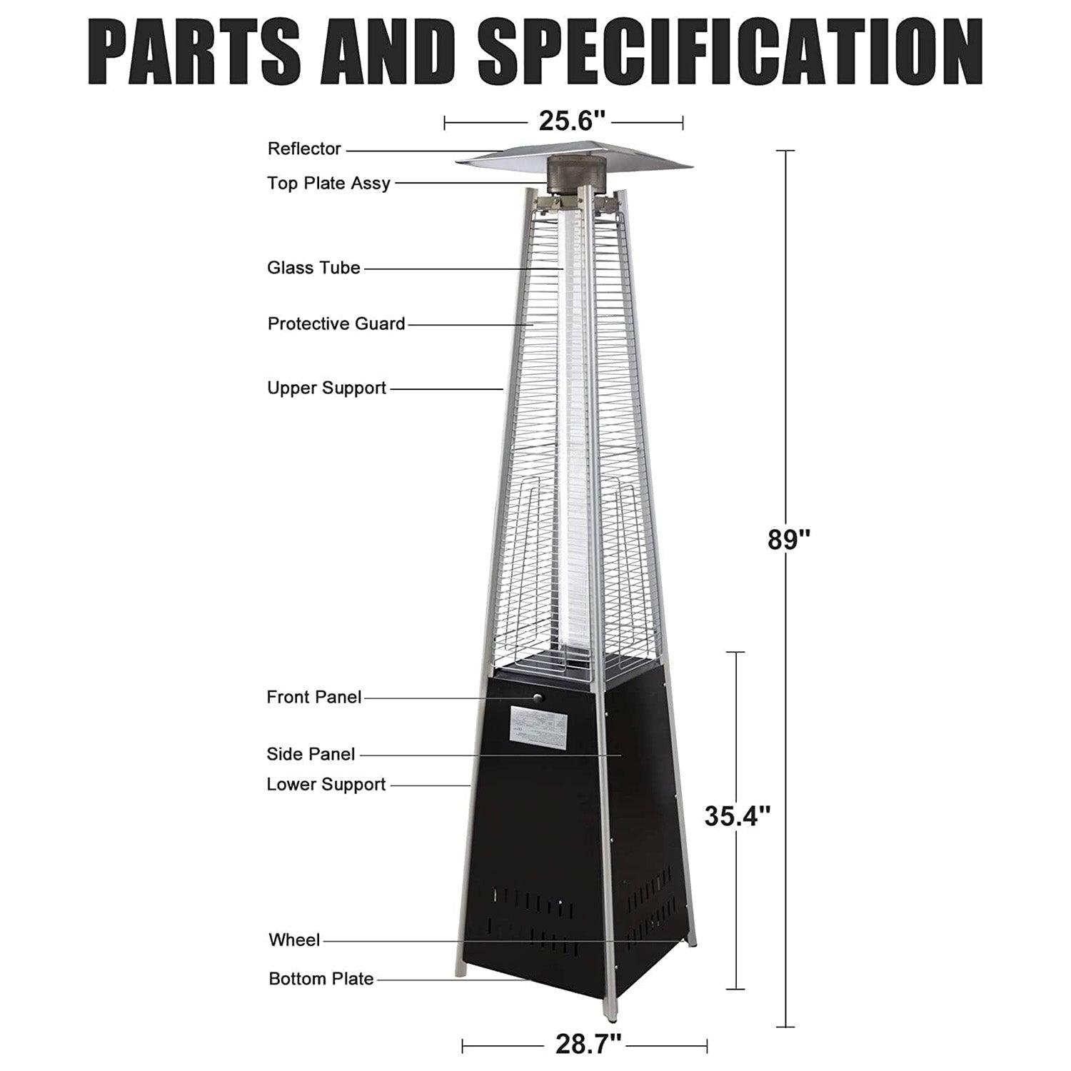 Pyramid Patio Heater Propane Outdoor 42,000 BTU Quartz Glass Tube Flame Heater with Wheels, Silver - Luckyermore