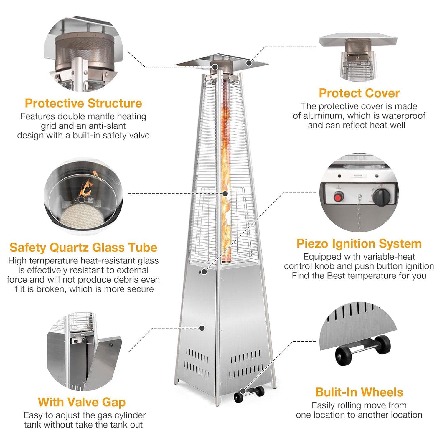 Pyramid Patio Heater Propane Outdoor 42,000 BTU Quartz Glass Tube Flame Heater with Wheels, Silver - Luckyermore