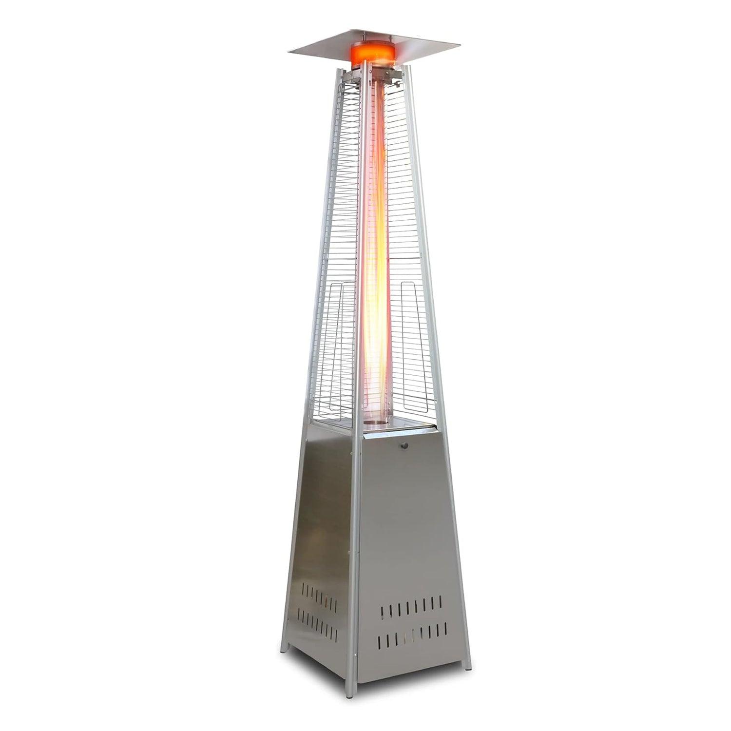 LUCKYERMORE Pyramid Patio Heater Propane Outdoor 42,000 BTU Quartz Glass Tube Flame Heater with Wheels, Silver