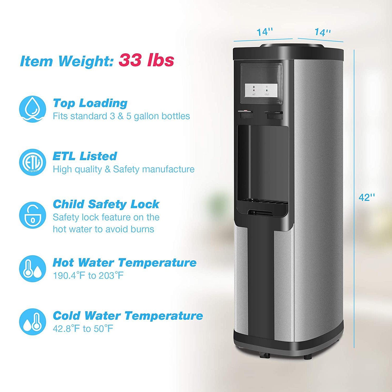 3-5 Gallon Top Loading Water Dispenser Cooler Hot and Cold with Child Safety Lock, ETL Listed Quiet, Black - Luckyermore
