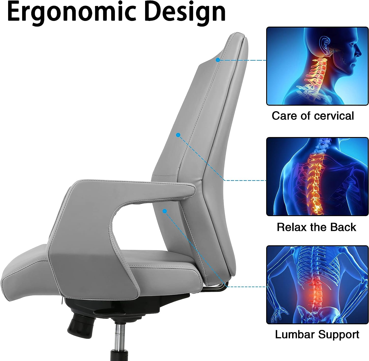 Executive Office Chair Ergonomic Leather Chair with Padded Armrests Lumbar Support, Gray