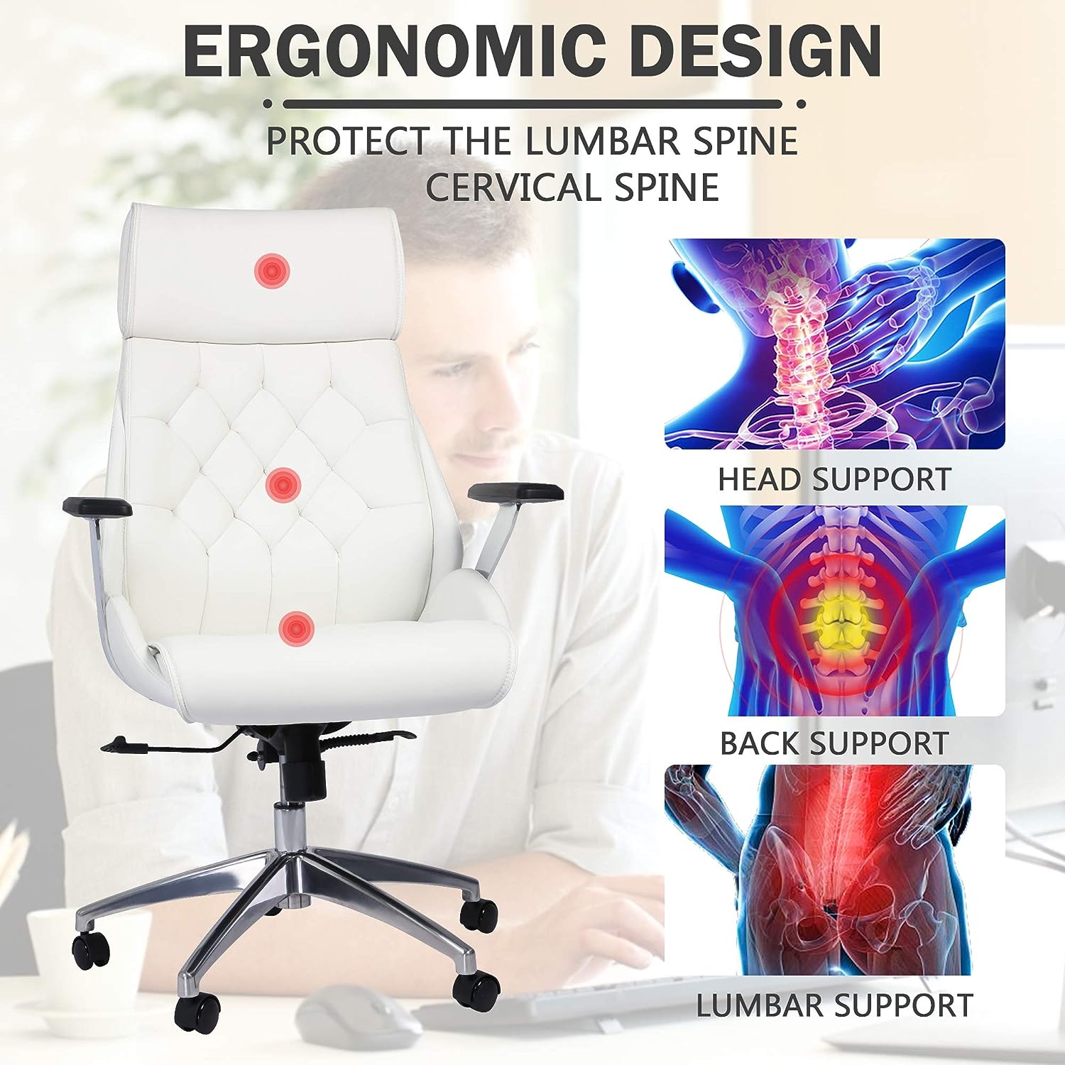 High Back Office Desk Chair Ergonomic Adjustable Lumbar Support 360 Swivel Chair, White