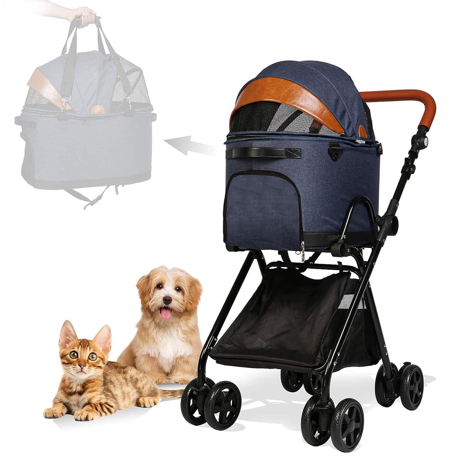 2 in 1 Dog Stroller Pet Carrier with Detachable Carrier and Adjustable Handle, Blue