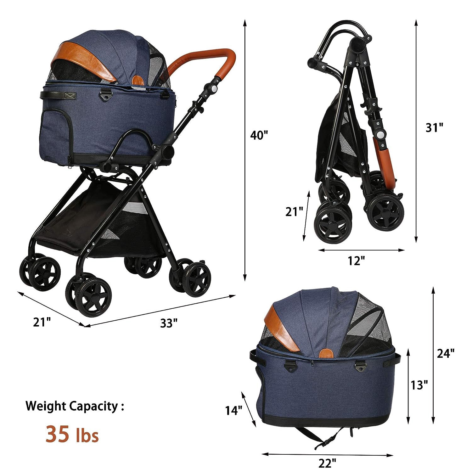 2 in 1 Dog Stroller Pet Carrier with Detachable Carrier and Adjustable Handle, Dark Blue