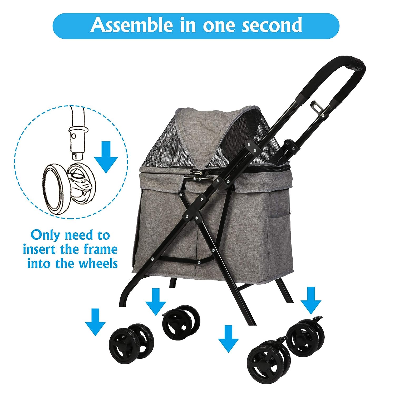 Folding Dog Stroller Carrier Pet Stroller with Front Entry and Multiple Mesh Windows, Gray