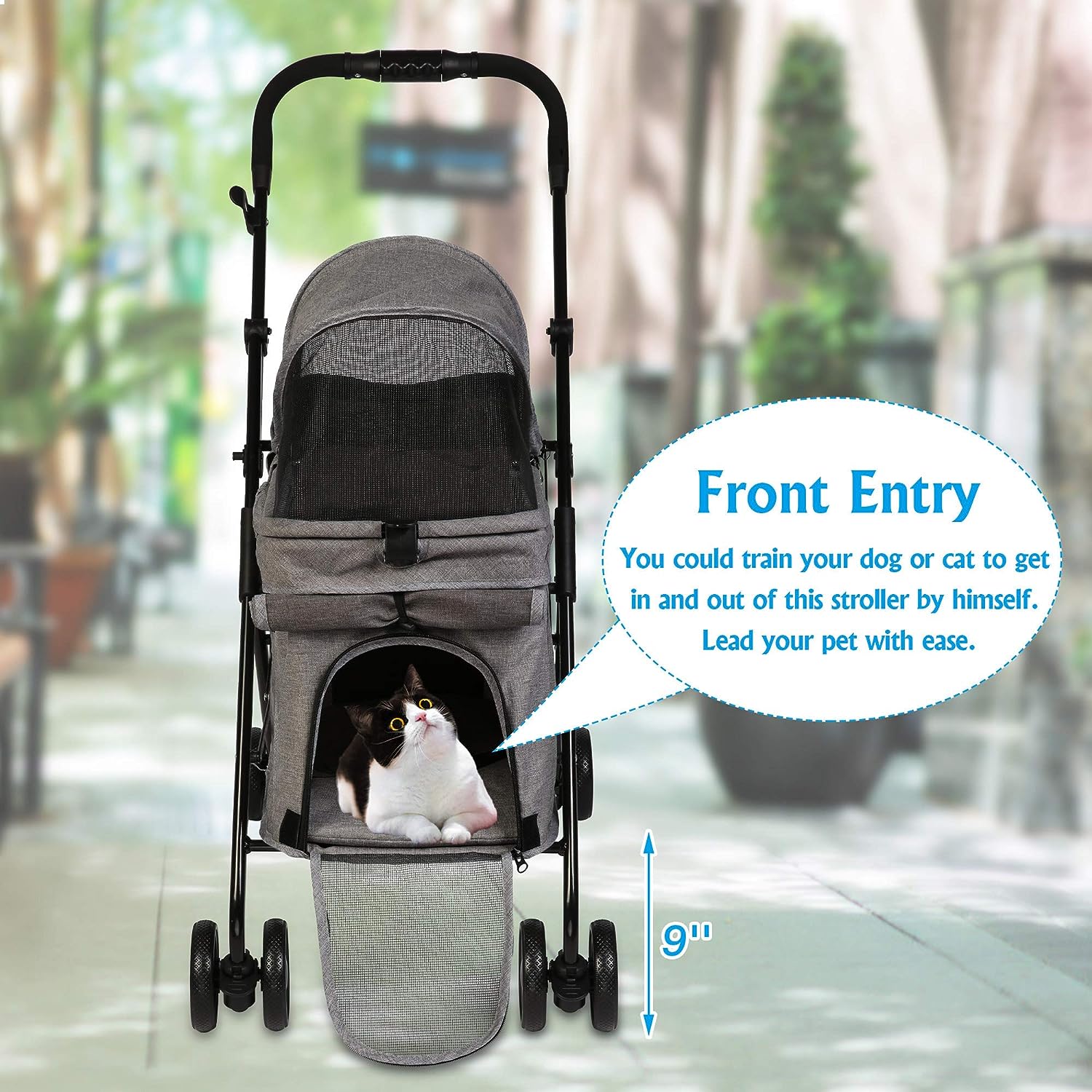 Folding Dog Stroller Carrier Pet Stroller with Front Entry and Multiple Mesh Windows, Gray