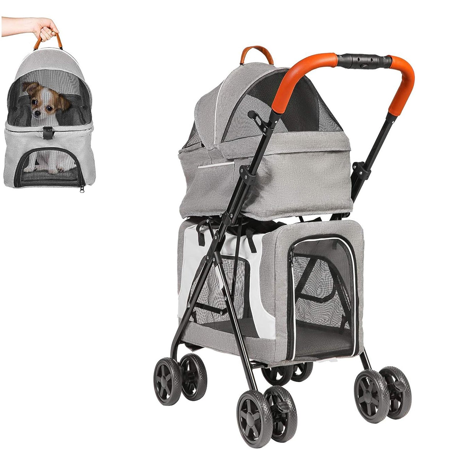 3 in 1 Double Seater Dog Stroller Pet Carrier with Detachable Carrier Dual Entry, Gray