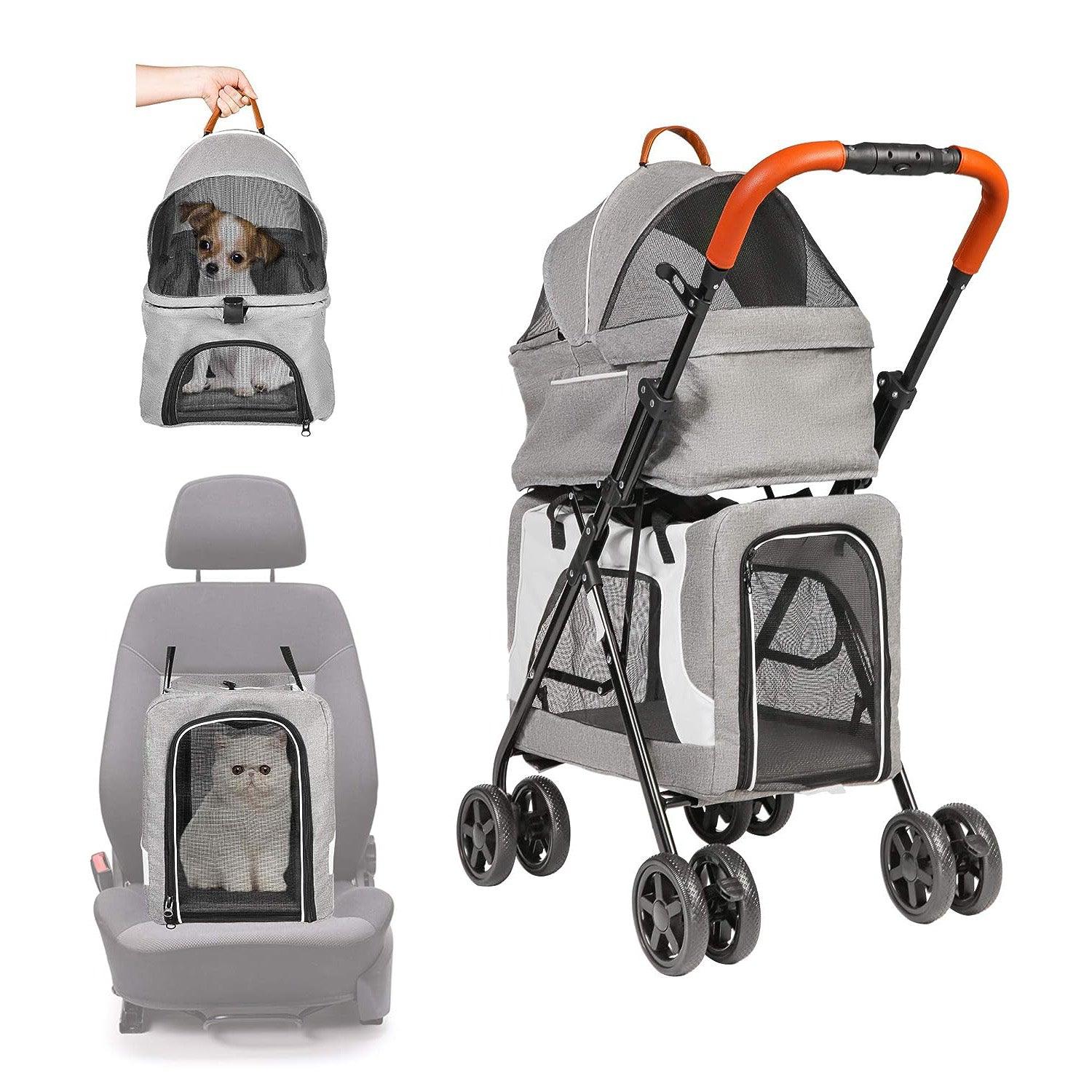LUCKYERMORE 3 in 1 Double Seater Dog Stroller Pet Carrier with Detachable Carrier Dual Entry, Gray