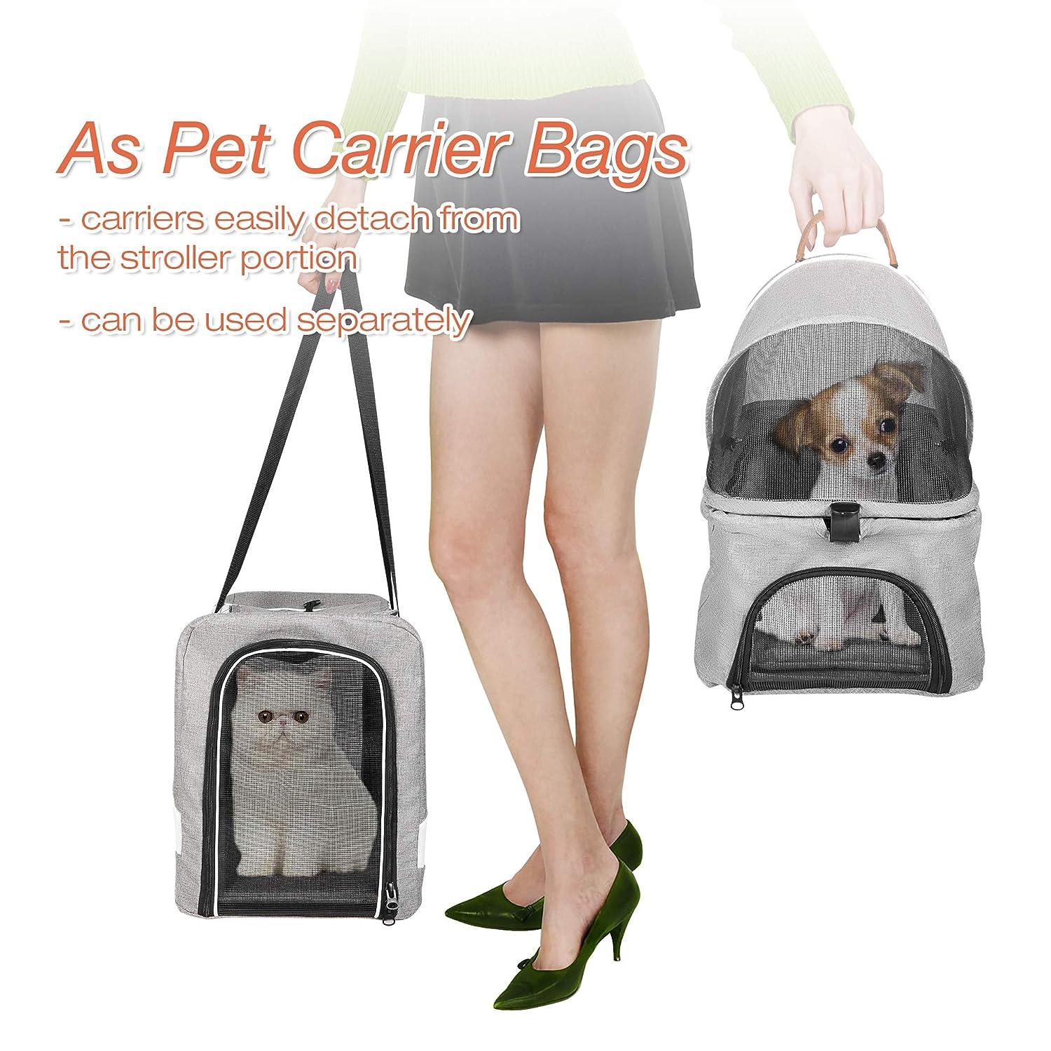 LUCKYERMORE 3 in 1 Double Seater Dog Stroller Pet Carrier with Detachable Carrier Dual Entry, Gray