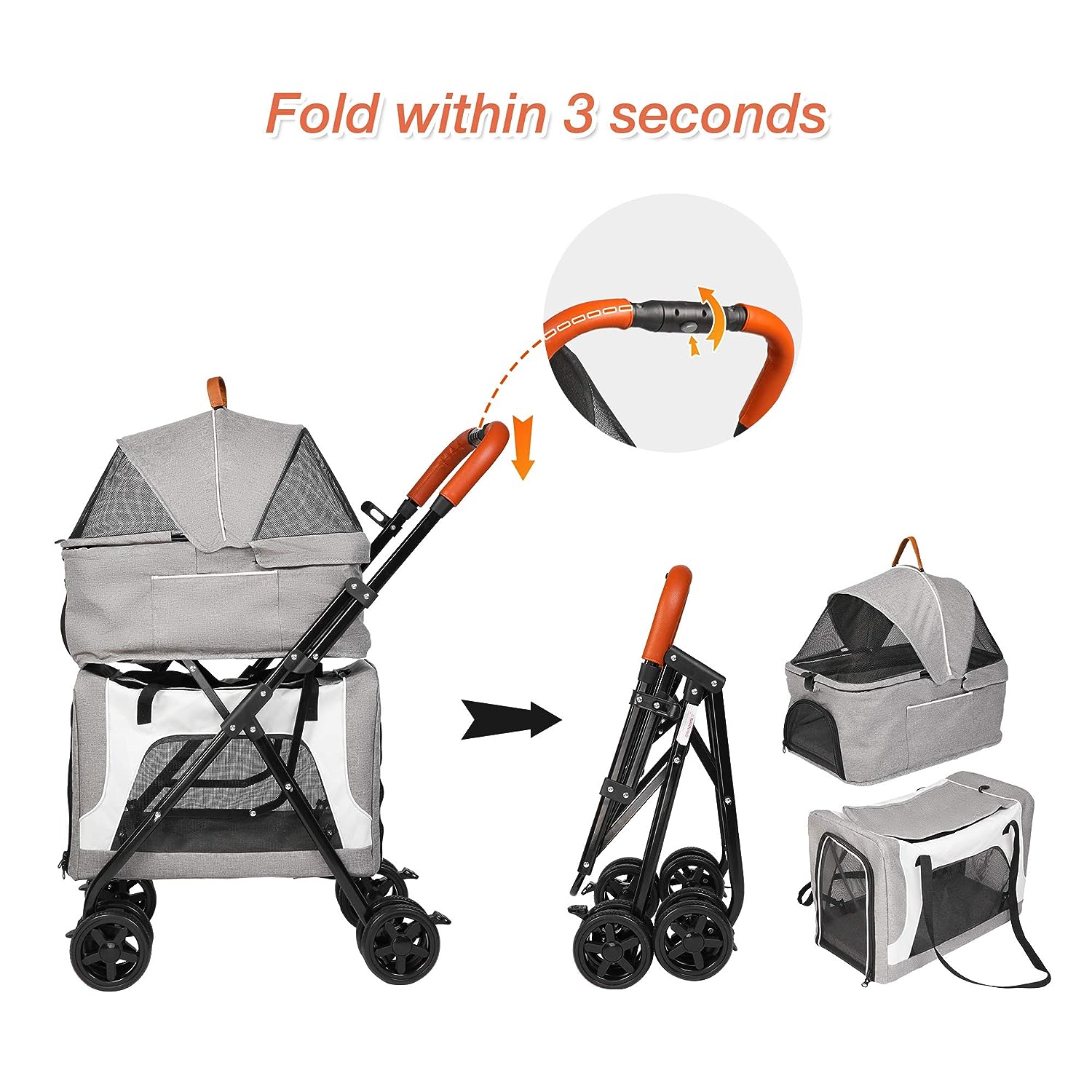 3 in 1 Double Seater Dog Stroller Pet Carrier with Detachable Carrier Dual Entry, Gray