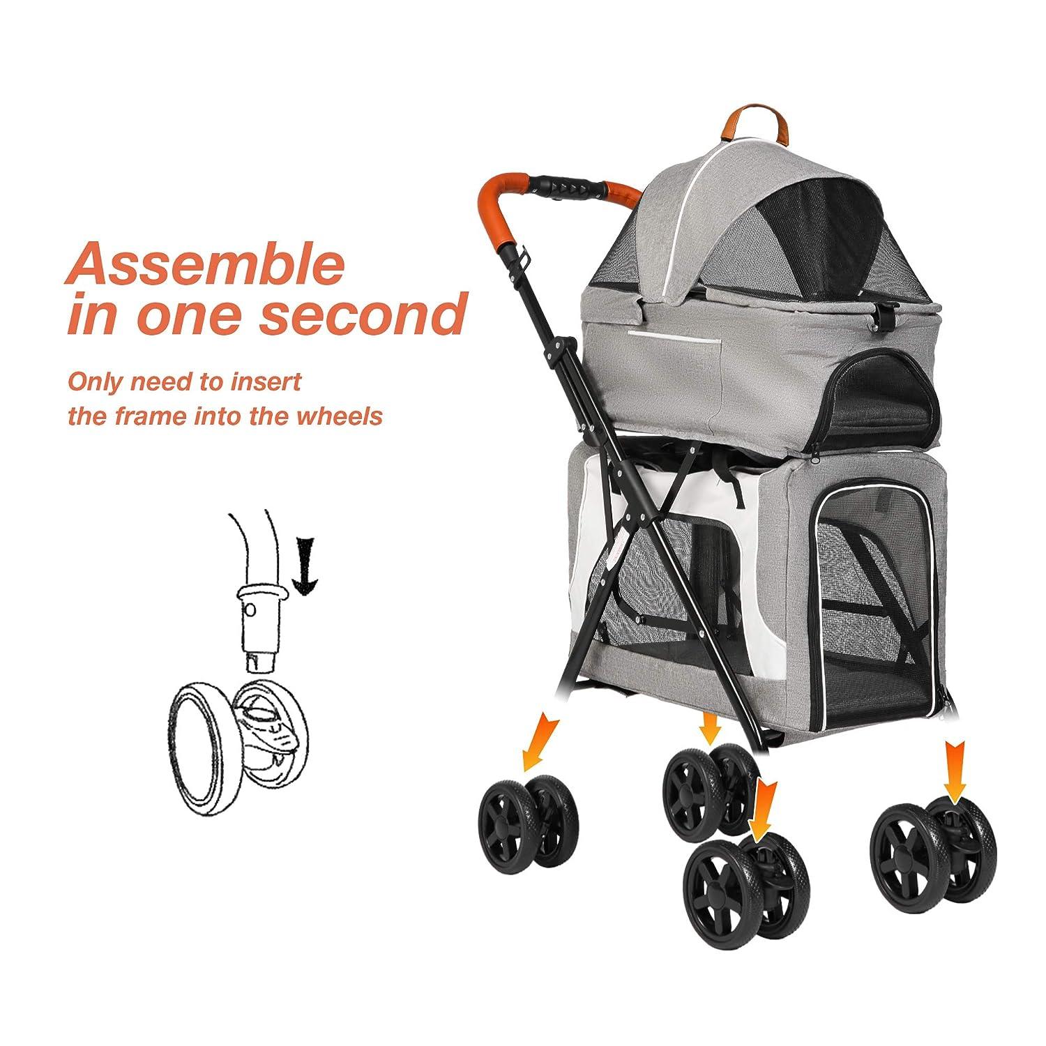 LUCKYERMORE 3 in 1 Double Seater Dog Stroller Pet Carrier with Detachable Carrier Dual Entry, Gray