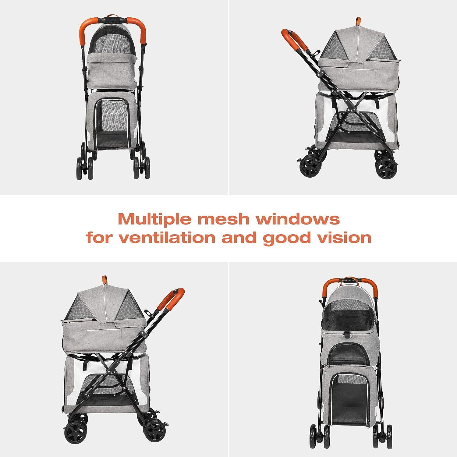 LUCKYERMORE 3 in 1 Double Seater Dog Stroller Pet Carrier with Detachable Carrier Dual Entry, Gray