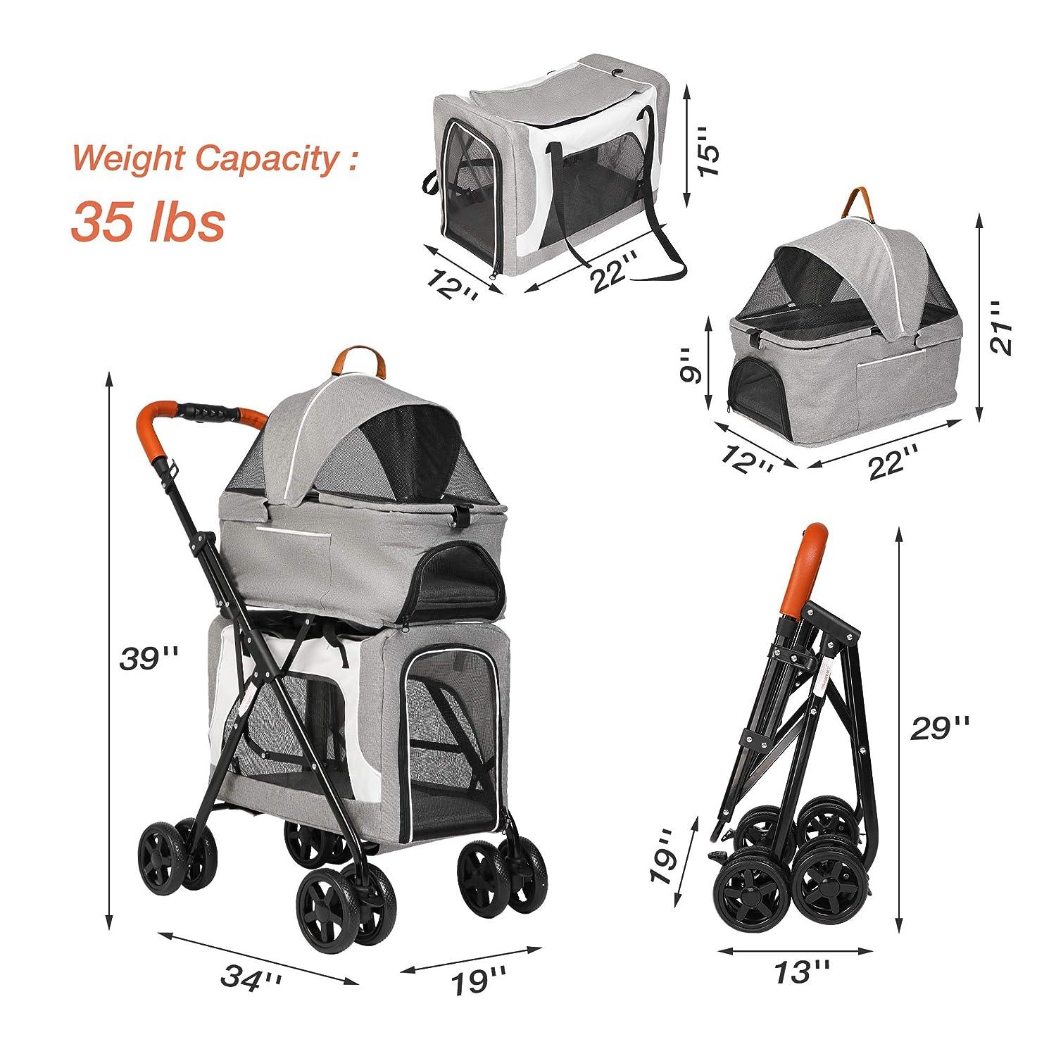 LUCKYERMORE 3 in 1 Double Seater Dog Stroller Pet Carrier with Detachable Carrier Dual Entry, Gray