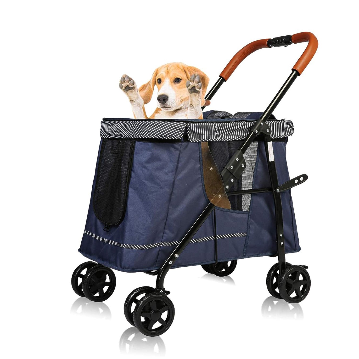 Folding Dog Stroller Pet Stroller with Removable Cushion and Multiple Mesh Windows, Blue