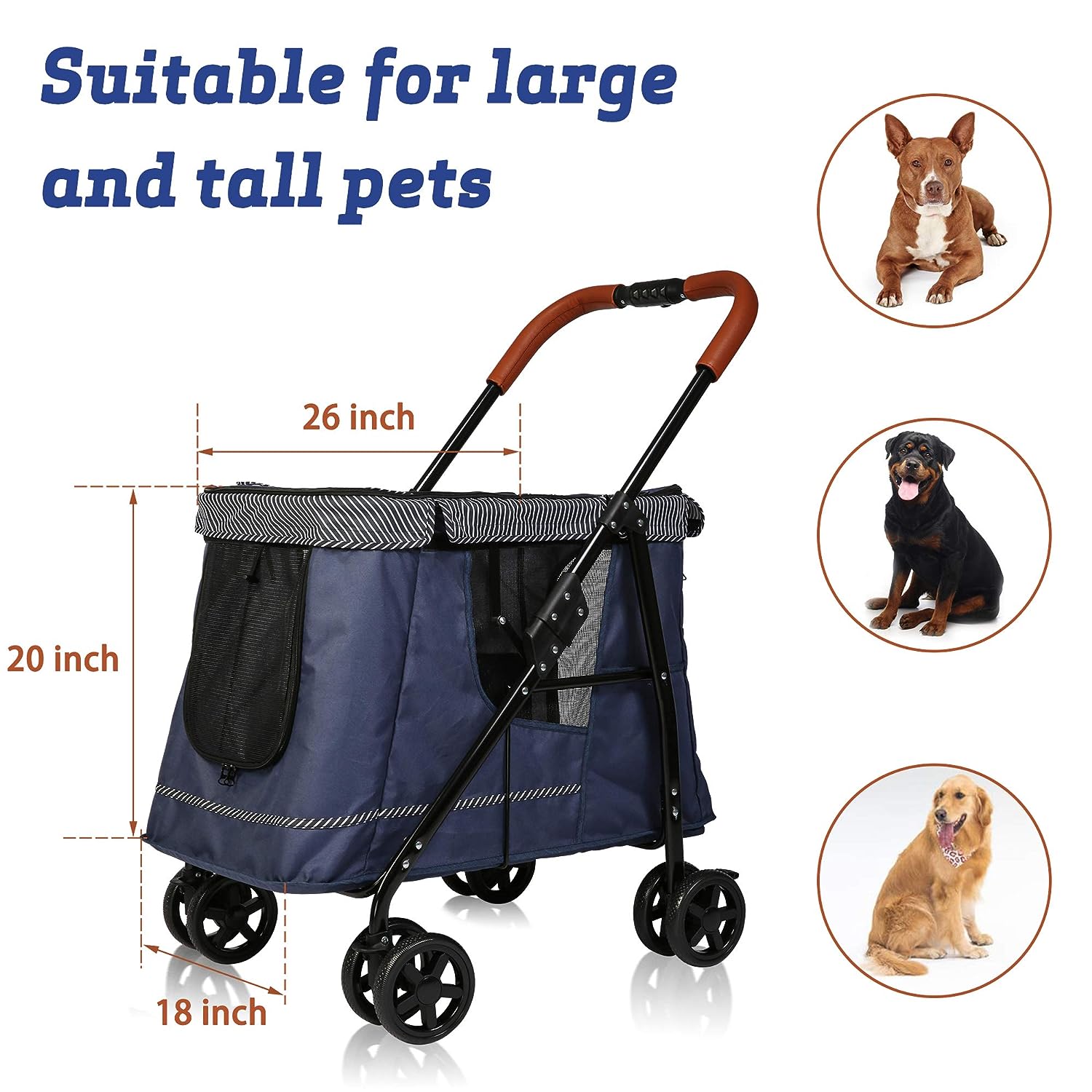 Folding Dog Stroller Pet Stroller with Removable Cushion and Multiple Mesh Windows, Blue